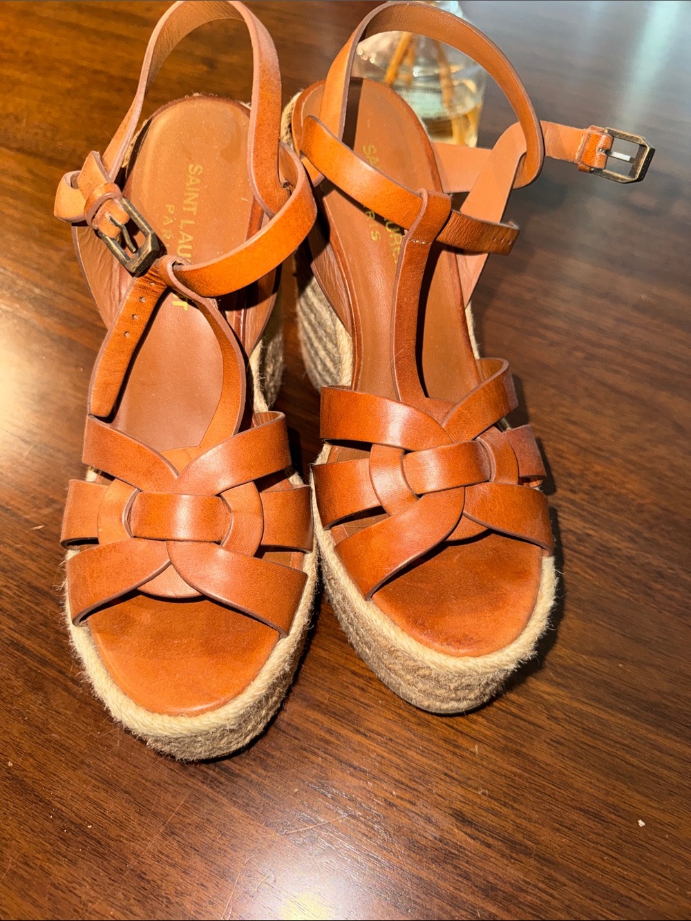 Saint Laurent Cognac Leather Woven Espadrille Wedge Sandals